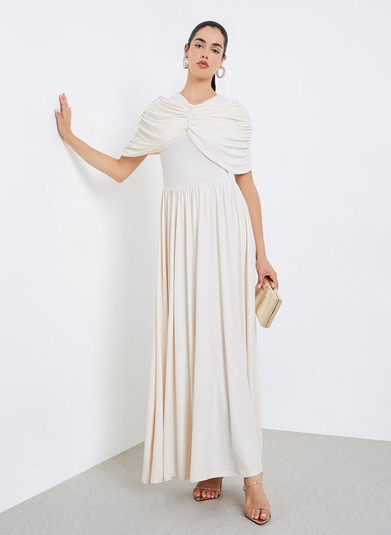 Styli Women Beige Gathered Shawl Maxi Dress - Image 2